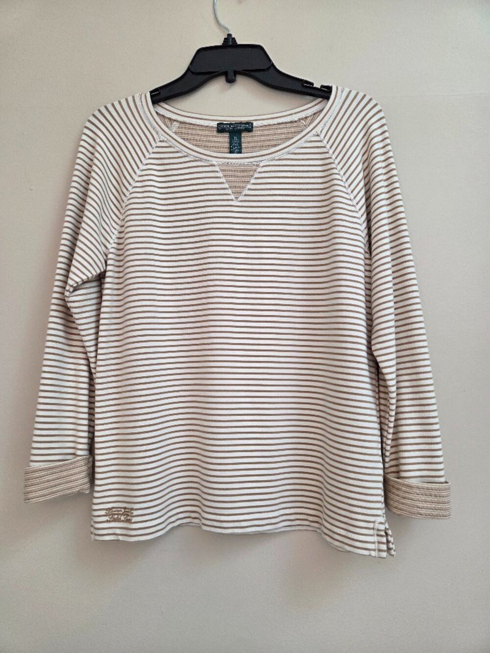 LRL Lauren Jeans Co Women's M Long Sleeve Striped Cotton Terry T-Shirt Top Cream